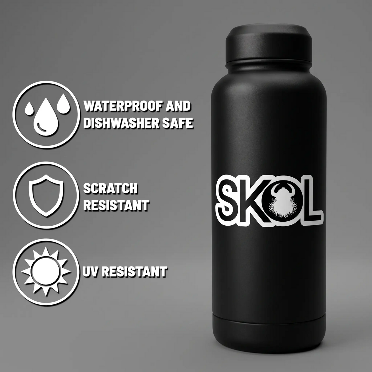 Black bottle with SKOL logo, octopus graphic, and SKOL sticker. Four icons indicate waterproof, dishwasher safe, scratch resistant, and UV resistant. Gray background.