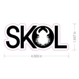 Sticker featuring bold letters spelling SKOL, with the letter O containing a Viking helmet and beard design. Dimensions are 4 inches wide by 1.647 inches tall.
