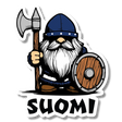 Cartoon Viking wearing a blue helmet, holding an axe and wooden shield, stands above the word “SUOMI.” Nordic style design featured on the product.