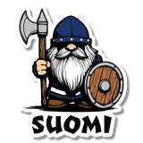 Cartoon Viking wearing a blue helmet, holding an axe and wooden shield, stands above the word “SUOMI.” Nordic style design featured on the product.