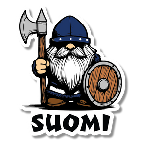 Cartoon Viking wearing a blue helmet, holding an axe and wooden shield, stands above the word “SUOMI.” Nordic style design featured on the product.
