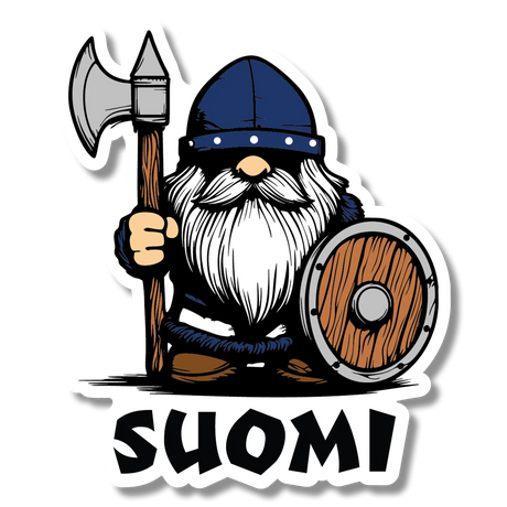Cartoon Viking wearing a blue helmet, holding an axe and wooden shield, stands above the word “SUOMI.” Nordic style design featured on the product.