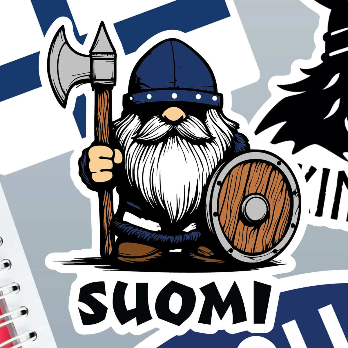 Cartoon Viking holding an axe and shield, wearing a helmet, standing above the word “Suomi” on a Finnish flag background. Product is a sticker.