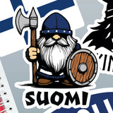 Cartoon Viking holding an axe and shield, wearing a helmet, standing above the word “Suomi” on a Finnish flag background. Product is a sticker.