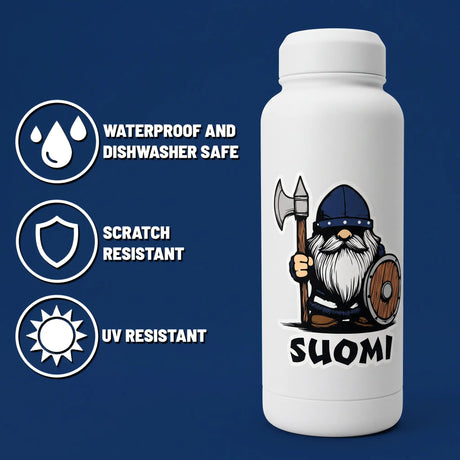 White bottle featuring a cartoon Viking with axe and shield, labeled “Suomi,” Nordic-themed stickers, and small waterproof, scratch-resistant, and UV protection icons nearby.