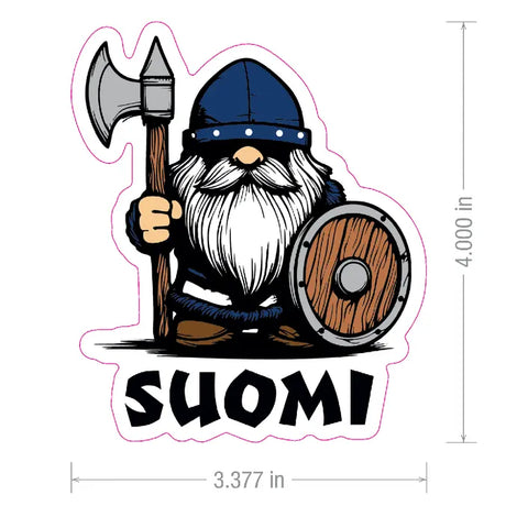 Sticker showing a cartoon Finnish Viking gnome with a blue helmet, white beard, axe, and shield. The word “SUOMI” appears below the character.