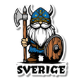 Sticker featuring a cartoon Viking with a horned helmet, blue outfit, holding an axe and shield, standing above bold text reading “SVERIGE”.