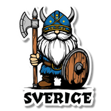 Sticker featuring a cartoon Viking with a horned helmet, blue outfit, holding an axe and shield, standing above bold text reading “SVERIGE”.