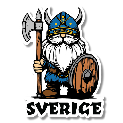 Sticker featuring a cartoon Viking with a horned helmet, blue outfit, holding an axe and shield, standing above bold text reading “SVERIGE”.