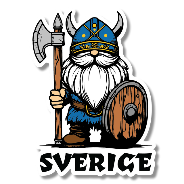 Sticker featuring a cartoon Viking with a horned helmet, blue outfit, holding an axe and shield, standing above bold text reading “SVERIGE”.