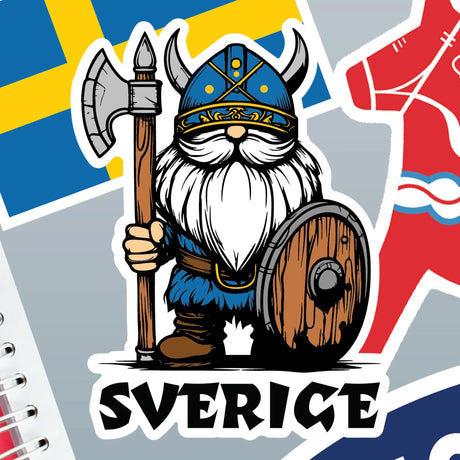 Sticker featuring a cartoon Viking holding an axe and shield in front of the Swedish flag, with the word “Sverige” written below.