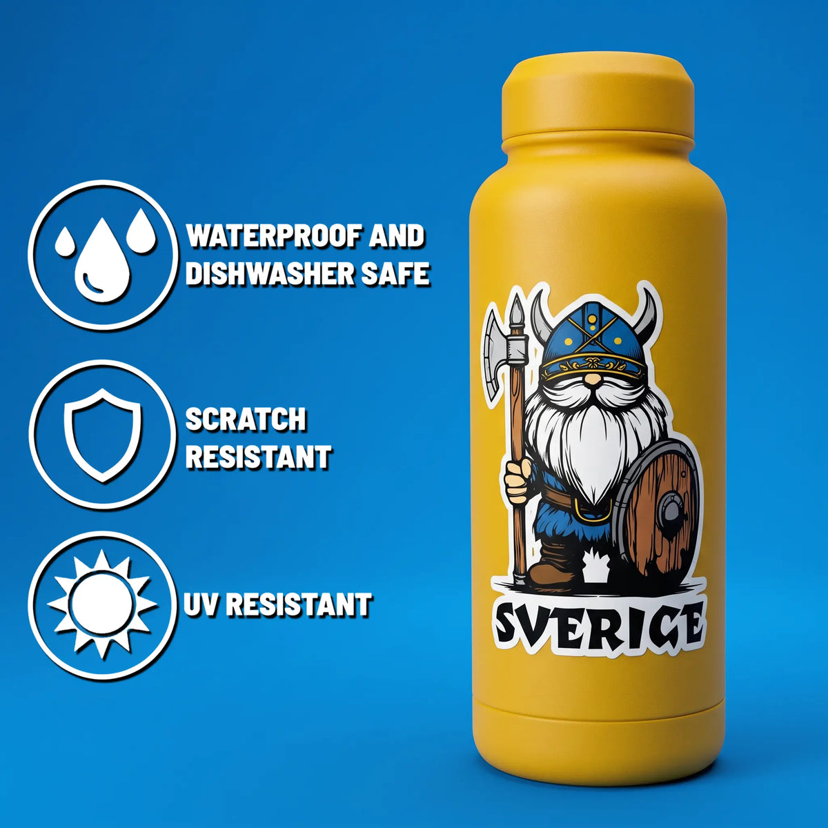 Yellow bottle with a blue sticker showing a Swedish Viking cartoon labeled “Sverige,” featuring a gnome in traditional Nordic attire.