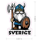 Cartoon Viking wearing a helmet and holding an axe and shield stands above the word “SVERIGE” on a rectangular Swedish Viking Gnome sticker.