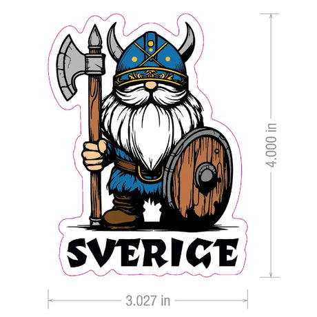 Cartoon Viking wearing a helmet and holding an axe and shield stands above the word “SVERIGE” on a rectangular Swedish Viking Gnome sticker.