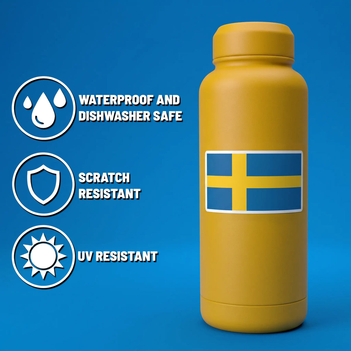 Yellow bottle with a Swedish flag, shown with icons and text for waterproof, dishwasher safe, scratch resistant, and UV resistant on a blue background.