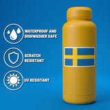 Yellow bottle with a Swedish flag, shown with icons and text for waterproof, dishwasher safe, scratch resistant, and UV resistant on a blue background.