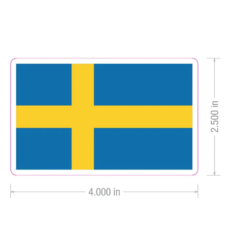 Rectangular Swedish flag sticker with a yellow cross on a blue background, measuring 4 inches wide by 2.5 inches tall.