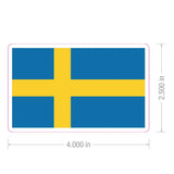 Rectangular Swedish flag sticker with a yellow cross on a blue background, measuring 4 inches wide by 2.5 inches tall.