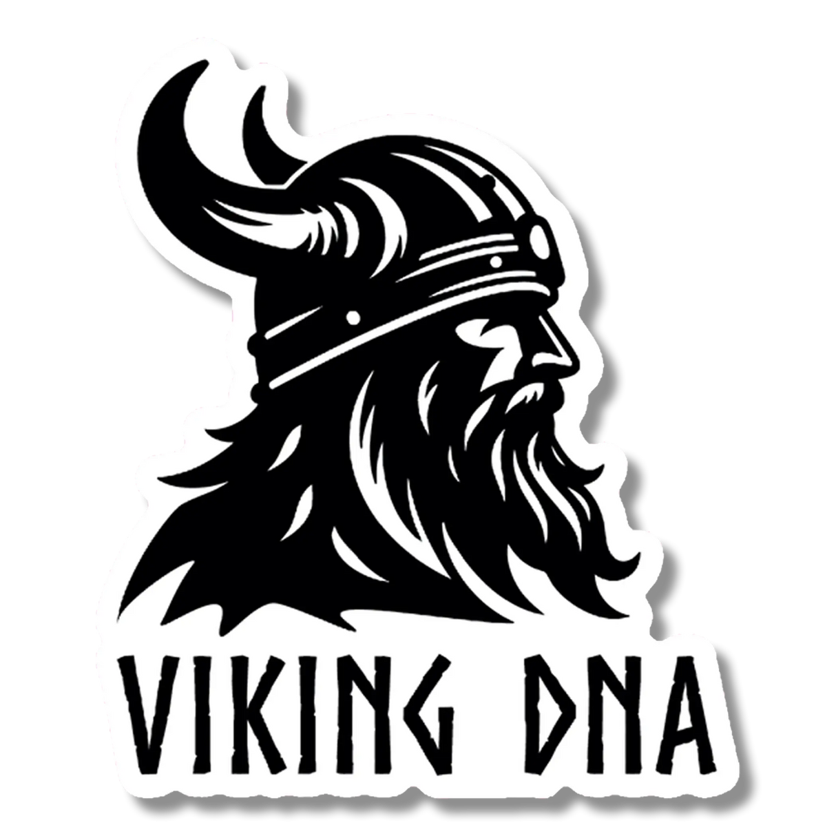 Black and white illustration of a Viking with a horned helmet and long beard, facing right, with the words “VIKING DNA” in bold, stylized font beneath the image. The Nordic Sticker: Viking DNA Sticker – Unleash Your Inner Warrior (3.45 x 4 Inches) from Swedish Gift Store is perfect for expressing your heritage or adding to your Nordic Stickers collection.
