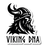 Black and white illustration of a Viking with a horned helmet and long beard, facing right, with the words “VIKING DNA” in bold, stylized font beneath the image. The Nordic Sticker: Viking DNA Sticker – Unleash Your Inner Warrior (3.45 x 4 Inches) from Swedish Gift Store is perfect for expressing your heritage or adding to your Nordic Stickers collection.