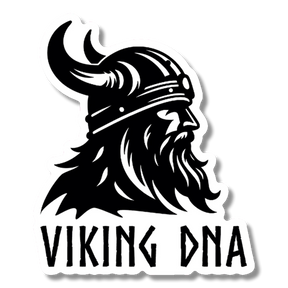 Black and white illustration of a Viking with a horned helmet and long beard, facing right, with the words “VIKING DNA” in bold, stylized font beneath the image. The Nordic Sticker: Viking DNA Sticker – Unleash Your Inner Warrior (3.45 x 4 Inches) from Swedish Gift Store is perfect for expressing your heritage or adding to your Nordic Stickers collection.
