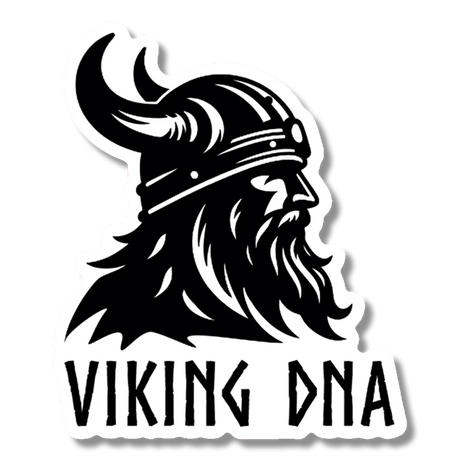 Black and white illustration of a Viking with a horned helmet and long beard, facing right, with the words “VIKING DNA” in bold, stylized font beneath the image. The Nordic Sticker: Viking DNA Sticker – Unleash Your Inner Warrior (3.45 x 4 Inches) from Swedish Gift Store is perfect for expressing your heritage or adding to your Nordic Stickers collection.