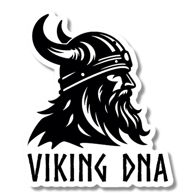 Black and white illustration of a Viking with a horned helmet and long beard, facing right, with the words “VIKING DNA” in bold, stylized font beneath the image. The Nordic Sticker: Viking DNA Sticker – Unleash Your Inner Warrior (3.45 x 4 Inches) from Swedish Gift Store is perfect for expressing your heritage or adding to your Nordic Stickers collection.