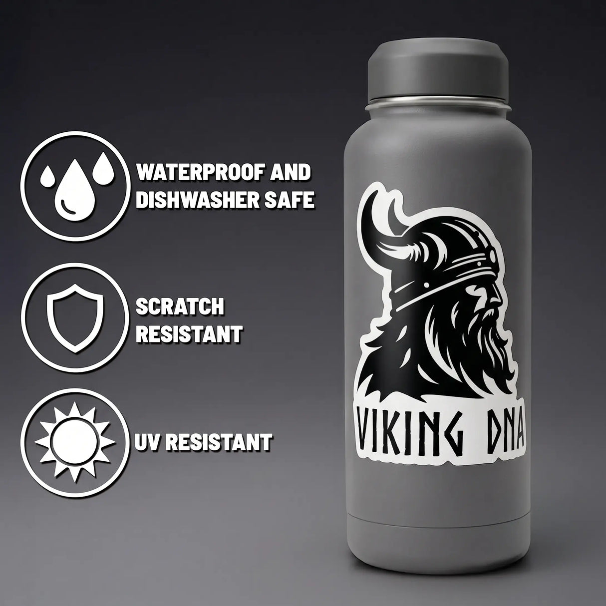 A gray water bottle adorned with the “Nordic Sticker: Viking DNA Sticker – Unleash Your Inner Warrior” from Swedish Gift Store, featuring a bold Viking helmet design. Icons show this 3.45 x 4-inch sticker is waterproof, dishwasher safe, scratch resistant, and UV resistant.