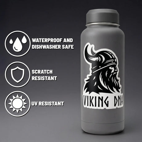 A gray water bottle adorned with the “Nordic Sticker: Viking DNA Sticker – Unleash Your Inner Warrior” from Swedish Gift Store, featuring a bold Viking helmet design. Icons show this 3.45 x 4-inch sticker is waterproof, dishwasher safe, scratch resistant, and UV resistant.