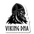 Sure! Here’s the rewritten sentence using the provided product data: Striking black and white illustration of a Viking warrior with long hair and beard, wearing a period accurate helmet and facing right, above bold “VIKING DNA” text—this 3.45″ x 4″ Viking DNA Sticker from Swedish Gift Store is perfect for any fan of Norse heritage.