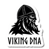 Sure! Here’s the rewritten sentence using the provided product data: Striking black and white illustration of a Viking warrior with long hair and beard, wearing a period accurate helmet and facing right, above bold “VIKING DNA” text—this 3.45″ x 4″ Viking DNA Sticker from Swedish Gift Store is perfect for any fan of Norse heritage.