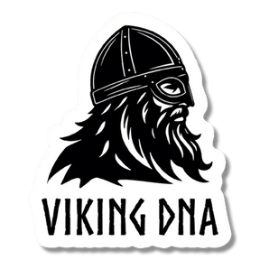 Sure! Here’s the rewritten sentence using the provided product data: Striking black and white illustration of a Viking warrior with long hair and beard, wearing a period accurate helmet and facing right, above bold “VIKING DNA” text—this 3.45″ x 4″ Viking DNA Sticker from Swedish Gift Store is perfect for any fan of Norse heritage.