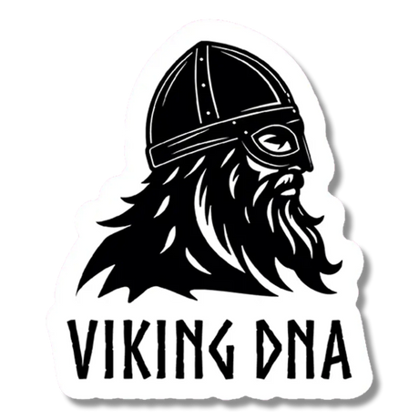Sure! Here’s the rewritten sentence using the provided product data: Striking black and white illustration of a Viking warrior with long hair and beard, wearing a period accurate helmet and facing right, above bold “VIKING DNA” text—this 3.45″ x 4″ Viking DNA Sticker from Swedish Gift Store is perfect for any fan of Norse heritage.