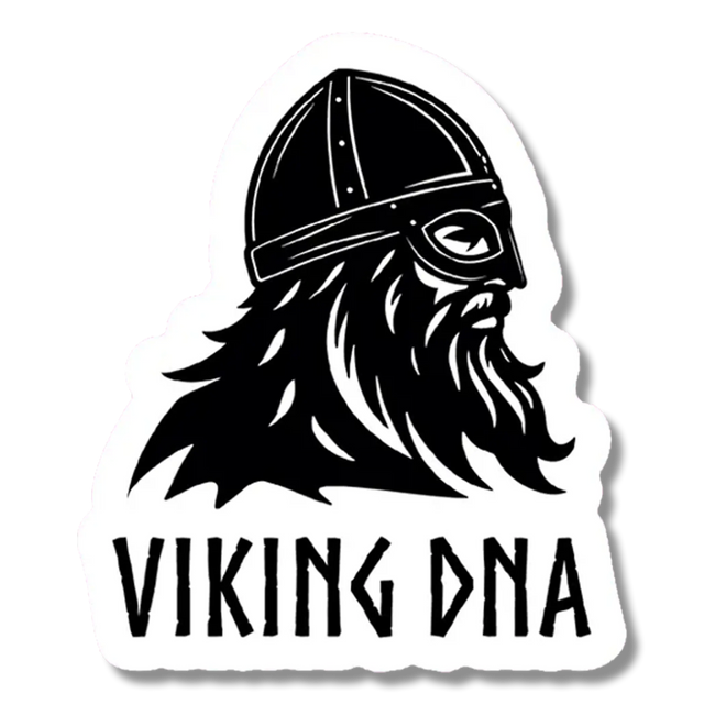 Sure! Here’s the rewritten sentence using the provided product data: Striking black and white illustration of a Viking warrior with long hair and beard, wearing a period accurate helmet and facing right, above bold “VIKING DNA” text—this 3.45″ x 4″ Viking DNA Sticker from Swedish Gift Store is perfect for any fan of Norse heritage.