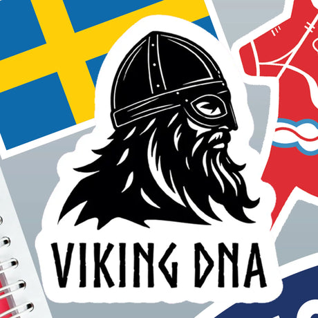Bold and eye-catching, the Sticker: Viking DNA Sticker with Period Accurate Helmet (3.45″ x 4″) by Swedish Gift Store features a black and white Viking helmeted head above bold “Viking DNA” text. This Norse decal includes a period-accurate helmet, the Swedish flag, and a red jersey graphic subtly visible in the background.