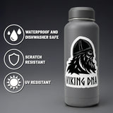 A gray bottle featuring the Swedish Gift Store’s Viking DNA Sticker with a period-accurate helmet and beard boldly displayed. This die-cut sticker measures 3.45″ x 4″, stands out with matching graphic icons, and is highlighted as waterproof, dishwasher safe, scratch resistant, and UV resistant.