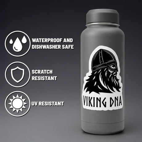 A gray bottle featuring the Swedish Gift Store’s Viking DNA Sticker with a period-accurate helmet and beard boldly displayed. This die-cut sticker measures 3.45″ x 4″, stands out with matching graphic icons, and is highlighted as waterproof, dishwasher safe, scratch resistant, and UV resistant.