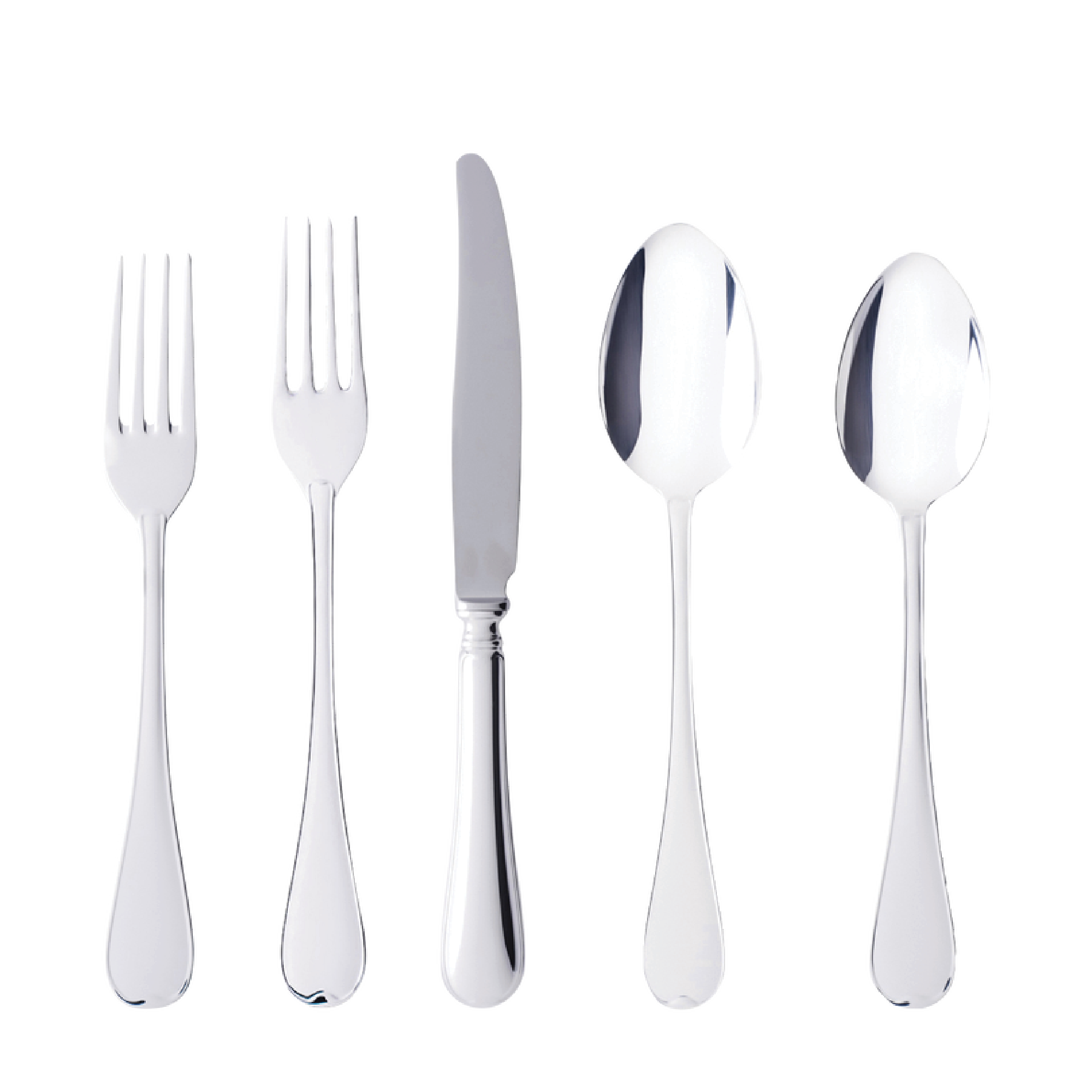 Introducing the Gense - Silver Dining Set Svensk 830: five Swedish-made stainless steel utensils, including two forks, a knife, a tablespoon, and a teaspoon, elegantly displayed on a pristine white background.