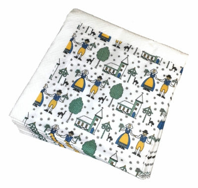 A stack of "Sverige Couple Swedish" napkins, decorated with a square design by Bjork-Forth Arvidsson, depicting people, trees, and buildings in green and yellow Swedish folk art style.