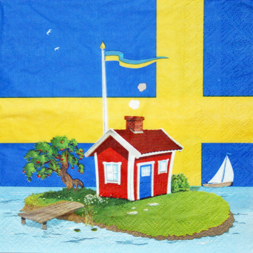 A red cottage with Scandinavian charm on a small island, surrounded by a flagpole, tree, and dock, with a nearby sailboat against the Swedish flag backdrop creates the perfect scene for Sverigestugan - Swedish Cottage Napkins (20 count).