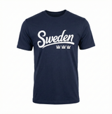 The "Sweden" T-Shirt - Navy is a Scandinavian-style cotton tee featuring three white crowns and the word Sweden printed on the front.