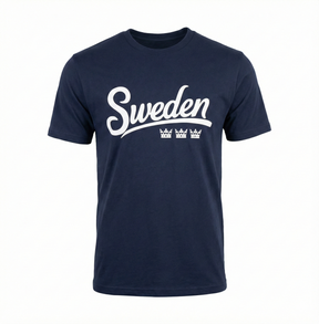 The "Sweden" T-Shirt - Navy is a Scandinavian-style cotton tee featuring three white crowns and the word Sweden printed on the front.