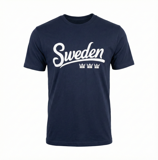 The "Sweden" T-Shirt - Navy is a Scandinavian-style cotton tee featuring three white crowns and the word Sweden printed on the front.