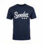 The "Sweden" T-Shirt - Navy is a Scandinavian-style cotton tee featuring three white crowns and the word Sweden printed on the front.