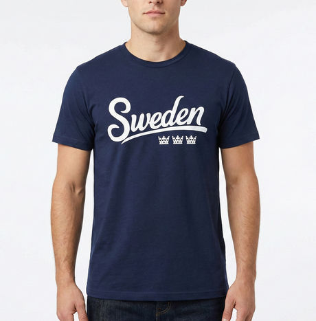 A man wears the "Sweden" T-Shirt in navy, featuring white "Sweden" text and three crowns on the front for a classic Scandinavian look.
