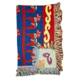 Woven blanket with red, blue, and yellow patterns, Swedish Dala horse designs, multicolored fringes, and a visible square patch.