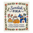 Colorful product with “Swedish Fika” text, coffee cups, pastries, Dala horse, Swedish flag, and floral border. Additional small text: Coffee. Pastries. Friends.