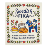 Colorful product with “Swedish Fika” text, coffee cups, pastries, Dala horse, Swedish flag, and floral border. Additional small text: Coffee. Pastries. Friends.