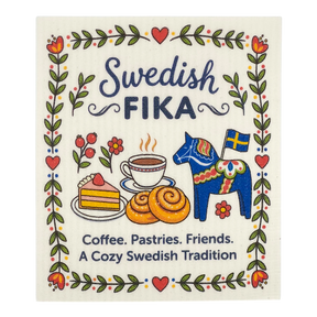 Colorful product with “Swedish Fika” text, coffee cups, pastries, Dala horse, Swedish flag, and floral border. Additional small text: Coffee. Pastries. Friends.