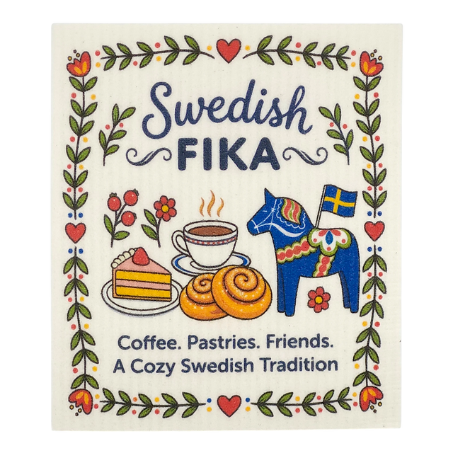 Colorful product with “Swedish Fika” text, coffee cups, pastries, Dala horse, Swedish flag, and floral border. Additional small text: Coffee. Pastries. Friends.
